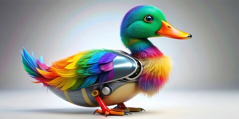 Obraz premium A vibrant, rainbow-hued duck with metallic robotic elements, showcasing a unique blend of nature and technology, poised against a neutral backdrop.
