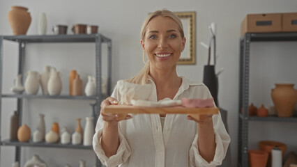 Blonde woman smiles while holding ceramic piece on tray among pottery shelves in artisan studio; joy.