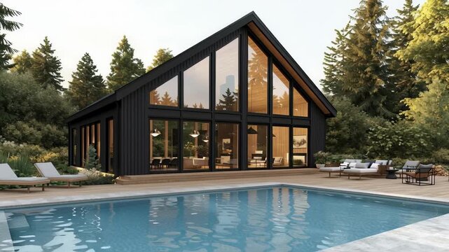 Modern cabin with black siding and large windows, frame design, wooden deck and swimming pool serene forest setting, contemporary cozy evening