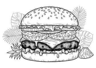 Hawaiian pineapple burger vector illustration. Detailed hand-drawn monochrome art of a tropical cheeseburger with exotic leaves for a summer BBQ menu or coloring book page.

