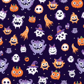This is a delightful Seamless vector Pattern featuring playful Halloween characters specially designed for kids