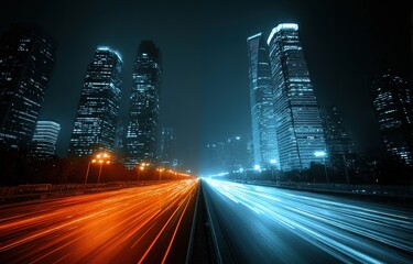 Urban Cityscape at Night, Long Exposure of Traffic Light Trails with Red and Blue Streams on Highway between Illuminated Skyscrapers, Dynamic Metropolitan Scene, Website Header, Business Presentation 