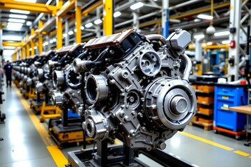 Fototapeta premium Industrial precision: A view of engine production on the assembly line
