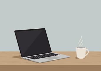 Working at home laptop and coffee on wooden desk in minimalist environment aesthetic lifestyle scene
