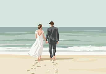 Beach wedding celebration oceanfront romantic setting rear view love and commitment