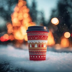Christmas Coffee Cup Outdoors with Festive Lights and Snow