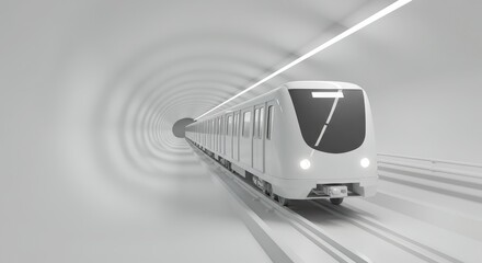 Fototapeta premium Modern train travels through a tunnel with bright lights creating a sense of speed and motion