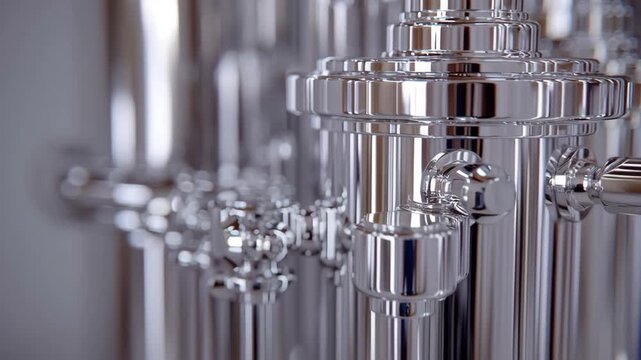 Shiny stainless steel pipe industrial valve chrome metal reflective surface polished cylinder precision engineering factory equipment mechanical