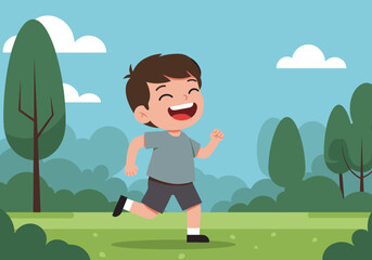 Fototapeta premium Happy child running in a sunny park style bright landscape playful atmosphere