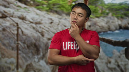 Man lifeguard in red uniform touches chin with pondering gesture in forest near rocky shore; inner...