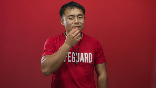 Young man lifeguard adjusts whistle on red shirt in studio by crimson wall with focused gaze and subtle hand movement; readiness. - Powered by Adobe