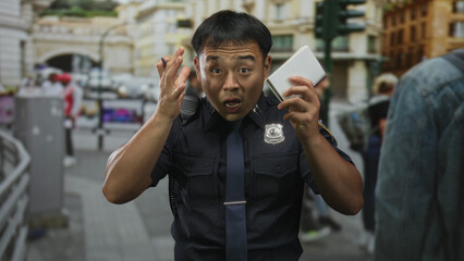 Naklejka premium Man officer holding notebook with raised hand and shocked expression in crowded street; surprise urgency.