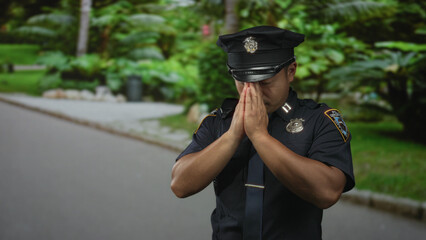 Young chinese man in police uniform on street holds palms pressed together with serious expression;...