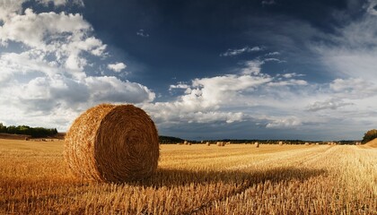 Round Hay Bale In A Vast Golden Field Under A Cloudy Sky