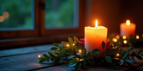 Flickering candlelight illuminates lush garland , christmas decor, lights