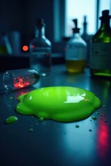Glowing green slime spills across sleek lab bench, shattered glass nearby , investigation, table, green liquid