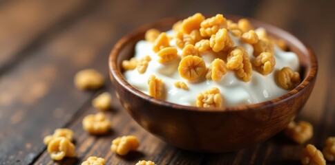 Golden granola clusters in creamy yogurt, served in a handcrafted wooden bowl , homemade, oats, fruit