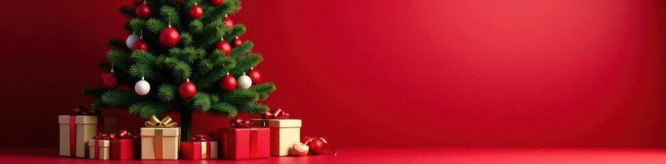 Ornate Christmas tree, wrapped gifts at base, vibrant red background, christmas season, gift boxes