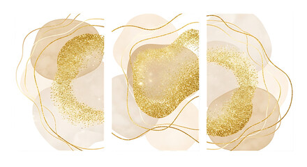 A set of three abstract minimalist watercolor paintings with beige tones, golden glitter, and flowing lines for elegant interior design and modern wall art