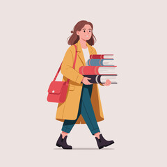 Fototapeta premium Young Woman in Mustard Coat Carrying Books