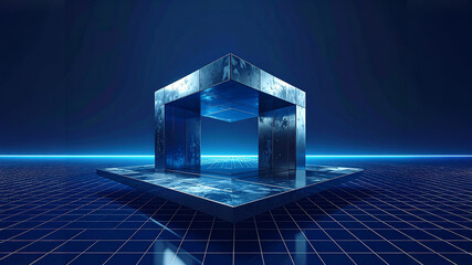 Digital cube portal on futuristic grid. Metaverse gateway concept. Blockchain security, data storage, web3, and virtual reality environment. Technology innovation background.