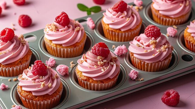 Delicious Vanilla Cupcakes with Creamy Pink Frosting and Fresh Raspberries