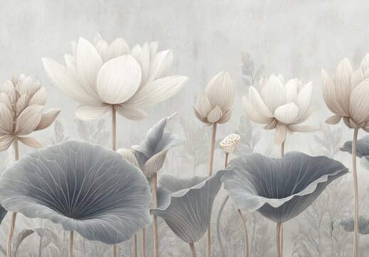 A serene tableau of delicate lotus blossoms in muted tones, showcasing intricate details and soft, muted colors against a textured backdrop.
