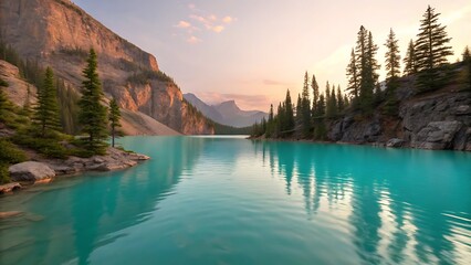 Stunning turquoise lake with rugged mountain cliffs and pine trees