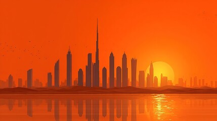 City Skyline Silhouette, Minimalist Composition of Majestic Skyscrapers Reflected in Water at Vibrant Sunset, Urban Landscape, Website Hero Banner, Corporate Branding, Travel Destination Promotion