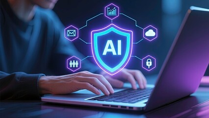 Digital illustration of AI cybersecurity: AI shield icon above the laptop, surrounded by hexagonal futuristic icons i.e. email, data analytics, cloud, teamwork, documents, and security keys etc 