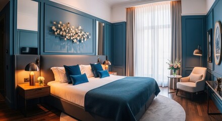 Luxurious hotel bedroom with teal accents