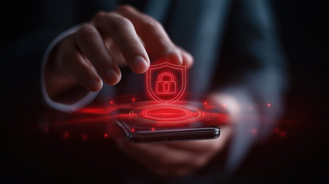Businessman using smartphone with glowing holographic padlock and red warning alerts, futuristic cybersecurity breach concept, phishing protection and digital shield visualization