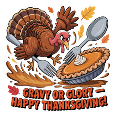 Funny Thanksgiving illustration with fighting turkeys, pie, utensils and Gravy or Glory text
