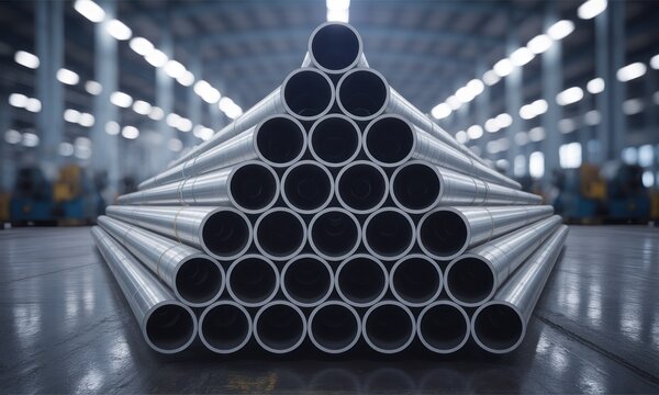 Stacked metal pipes in a factory.  Rows of cylindrical pipes form a triangular pyramid, reflecting light.  Industrial setting