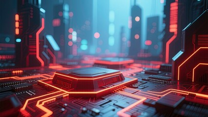 futuristic digital cityscape or circuit board terrain with glowing red and orange neon lights