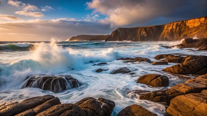 Obraz premium Waves crashing against rocky coastline under a cloudy sky