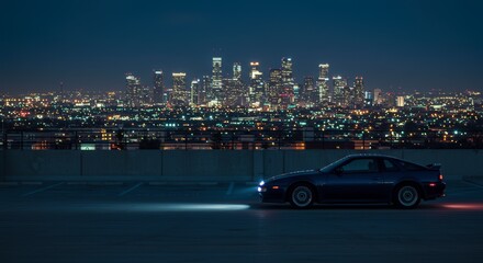 Nighttime cityscape with illuminated skyline and car on road representing travel and urban exploration