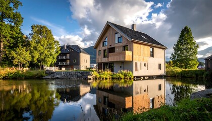 Obraz premium Modern houses reflected in a tranquil pond