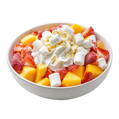 Delicious fruit salad bowl with creamy topping and marshmallows fresh dessert