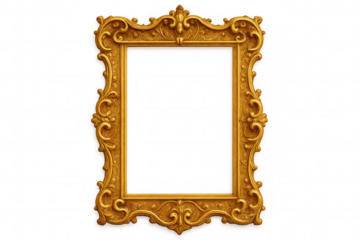 Ornate gold picture frame, baroque style, antique wooden border, empty vintage design, transparent background