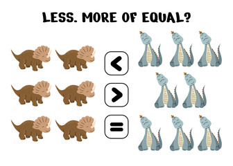 Math worksheet for kids featuring triceratops and sauropod dinosaurs comparing quantities with less more and equal symbols