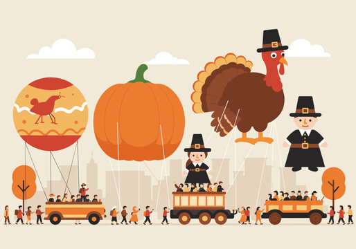 Thanksgiving parade celebration in urban setting with balloon floats and festive characters