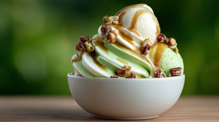 A delectable ice cream sundae topped with nuts and caramel, showcasing vibrant colors and textures, inviting indulgence and joy in a delightful representation of sweet treats.