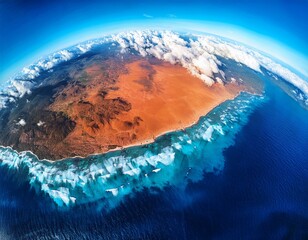 vibrant aerial view of earth showcasing blue oceans and orange landmasses with white clouds swirling emphasizing a dynamic planet landscape