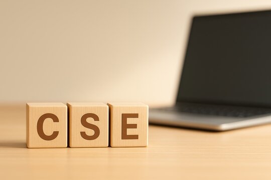 Wooden blocks with letters CSE beside a modern laptop on a wooden desk surface