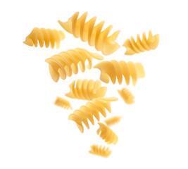 Italian pasta levitating on a white background