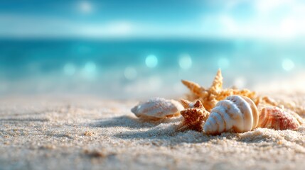 A collection of seashells lying on soft sand with a blurred ocean view in the background, symbolizing relaxation, nature, and the beauty of coastal life.