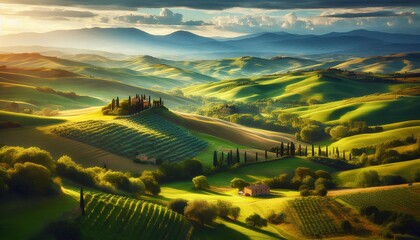 Idyllic Tuscan Landscape with Rolling Hills and Farmhouses at Sunset