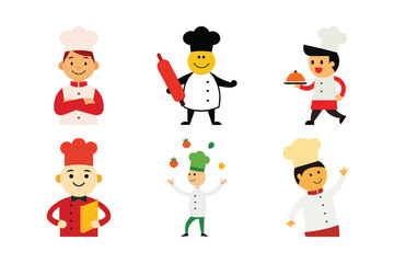 Cartoon Chefs in Action with Kitchen Tools and Ingredients Vector Set