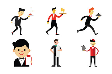 Cartoon Waiters Performing Restaurant Service Tasks Vector Set